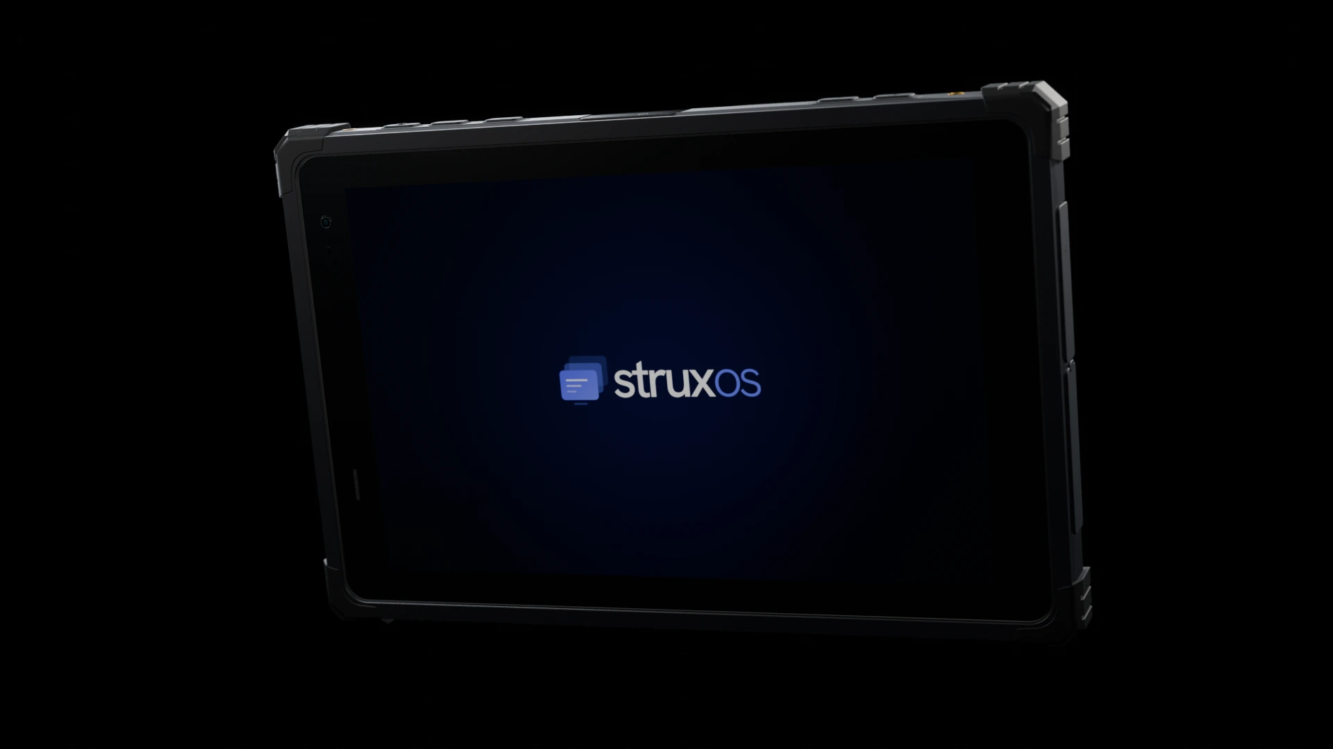 The RT101 rugged tablet illuminated against black, running Strux OS.